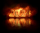 Fototapeta  - rok 2024 - napis zrobiony z ognia i fajerwerków rozświetlający ciemność odbijający się w wodzie
