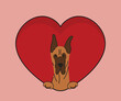 Funny Great Dane dog hanging with paws in a big Valentine's day heart. Love heart with pet head and heart and footprint. Dog face Holding Pink Heart Cartoon Icon. St Valentine's day for dog funs.