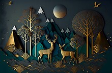 3d Modern Art Mural Wallpaper With Dark Green Jungle, Forest Dark Green Background Colorful Tree. Mountain, Golden Deer, Golden Birds And Gold Waves