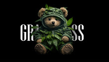 Plush Cute Bear Doll In An Embrace With A Marijuana Bush On A Black Background. For Street Style T Shirt Design Graphic. Vector Illustration