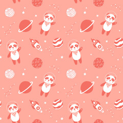 Wall Mural - Space adventure panda seamless pattern. Cartoon bear, hand drawing lettering, decor elements. Scandinavian monochrome flat style. baby design for cards, posters, t-shirt print.