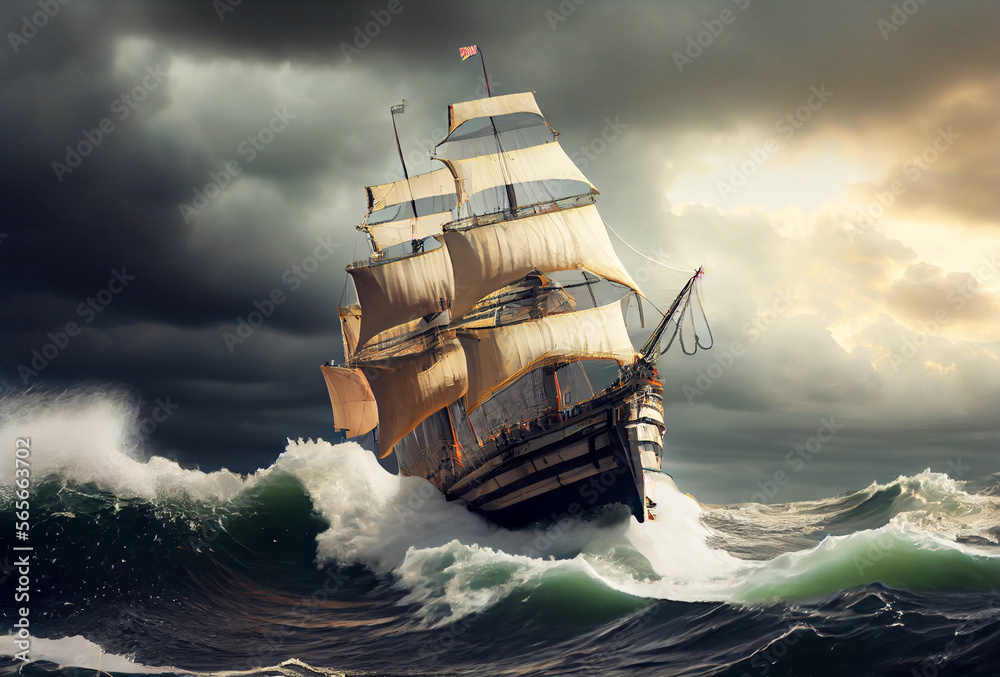 Classic sailing ship adrift in the ocean on a stormy day. Big waves ...