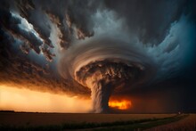 Super Tornado Over The Great Plains. Sunset Behind The Storm. Generative AI