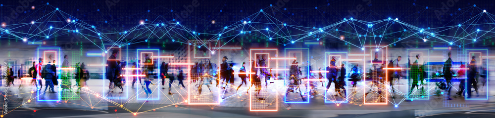 Walking business people are tracked with CCTV AI facial recognition ...