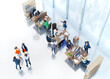 © IRStone - Big office with many people working. Business team is working together, people having meeting, discussing  deal, project progress.  3D rendering illustration