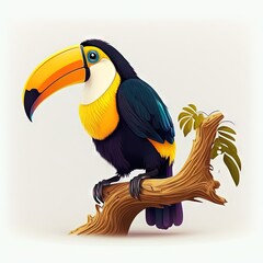  a colorful bird sitting on a branch with a white background and a green plant behind it, with a white background and a blue and yellow toucan.  generative ai