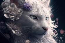 Surreal White Cat Portrait. Generative AI Illustration