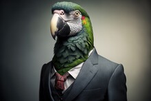  A Parrot In A Suit And Tie With A Green Parrot On His Shoulder And A Red Beak On His Head, Standing In Front Of A Gray Background.  Generative Ai