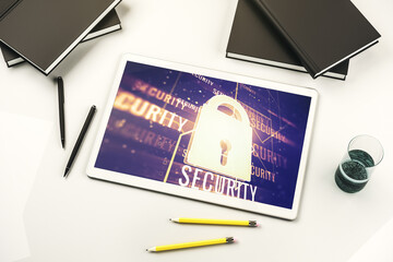 Poster - Top view of modern digital tablet monitor with creative lock hologram and chip. Information security concept. 3D Rendering