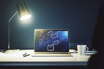 Poster - Creative abstract postal envelopes hologram on modern computer monitor, email and notification concept. 3D Rendering