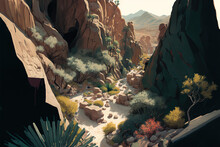 Painting Of A Desert Canyon Dry Wash By Generative AI