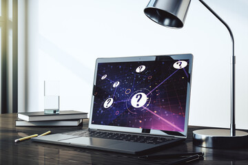 Aufkleber - Creative concept of question mark illustration on modern laptop screen. FAQ and search concept. 3D Rendering