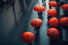  A Group Of People Walking Down A Street Holding Red Umbrellas In The Rain, With A Dark Background Of Buildings And A Cobblestone Street.  Generative Ai