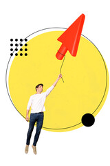 Poster - Vertical collage image of mini guy hand hold string hanging flying big arrow upwards isolated on painted background