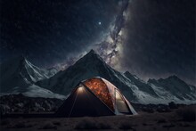  A Tent Is Pitched Up In The Desert With A View Of The Stars And The Milky In The Background Of The Sky And Mountains In The Foreground.  Generative Ai
