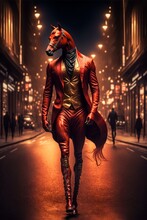 Man Walking Down A Street Next To A Horse. Generative Ai.