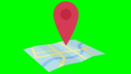 Wall Mural - Looping animation of a red geographic location marker hopping in the middle of a folded paper map seen from a three quarter view on green background