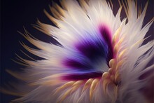  A Close Up Of A Flower With A Black Background And A White And Purple Flower With A Yellow Center And A Red Center And A Black Background.  Generative Ai