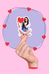 Collage photo of young hispanic lady sitting crossed legs chill korean love symbol hold paper red shape valentine day isolated on pink background