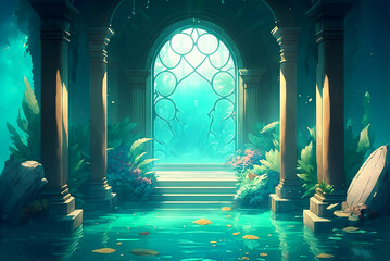 Underwater temple gate background. Concept art illustration of a fantasy temple under water. gate to Poseidon temple. Video game background art. Game design asset.