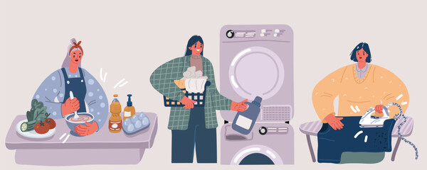 Vector illustration of Women doing domestic work. Coocking, washing clothes and linen, ironing