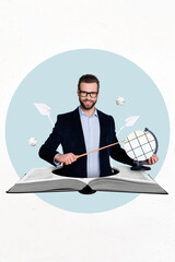 Sticker - Vertical collage picture of positive intelligent teacher inside opened book hole hold pointer globe flying paper planes isolated on creative background