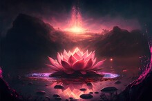 
A Pink Celestial Lotus Sitting On Top Of A Magical Lake, Digital Art, Sparkling In The Flowing Creek. Bright Glowing Translucent Aura