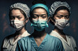 Group portrait, doctors and nurses in surgical masks ready to treat sick patients, generative ai