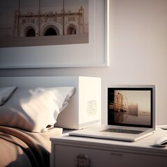 modern bedroom with bedside desk and laptop, soft luxurious interior