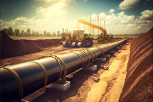 Natural Gas Pipeline Construction Work. A Dug Trench In The Ground, Construction Site. Installation Of Industrial Gas And Oil Pipes. Generative AI