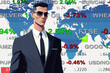 © Serhii - young cartoon comix businessman standing in front of a real stock market wold map chart - new quality creative financial business stock image design