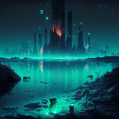 scene with water, Bio luminescent megalopolis, digital art style, illustration painting	
