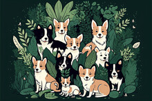 Illustration Of Set Of Cartoon Green Dogs Flat Design, Pattern