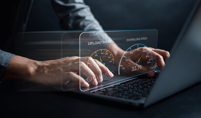 Poster - Super Fast internet connection speedtest bandwidth network technology, Man using Internet high speed by smartphone and laptop computer, 5G quality, speed optimization.