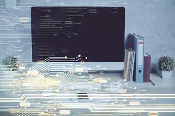 Poster - Double exposure of table with computer on background and data theme hologram. Data technology concept.