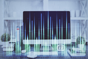 Poster - Forex graph hologram on table with computer background. Double exposure. Concept of financial markets.