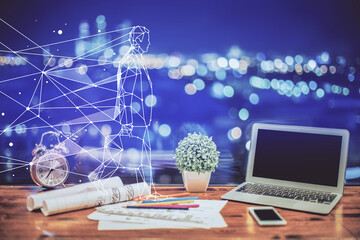 Poster - Desktop computer background in office and start up theme hologram drawing. Double exposure. Startup concept.