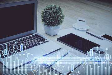 Poster - Double exposure of table with computer on background and data theme drawing. Concept of innovation.