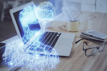 Poster - Computer on desktop with AR theme icon. Multi exposure. Concept of augmented reality.