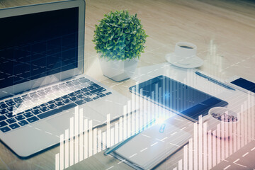 Aufkleber - Stock market graph on background with desk and personal computer. Multi exposure. Concept of financial analysis.