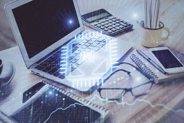 Poster - Double exposure of table with computer on background and data theme drawing. Concept of innovation.