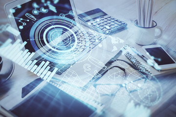 Poster - Double exposure of business theme icons and work space with computer background. Concept of success.