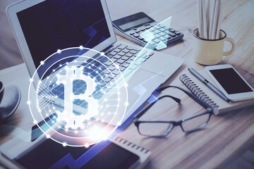 Aufkleber - Double exposure of blockchain and crypto economy theme hologram and table with computer background. Concept of bitcoin cryptocurrency.
