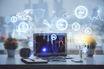 Poster - Stock market graph on background with desk and personal computer. Multi exposure. Concept of financial analysis.