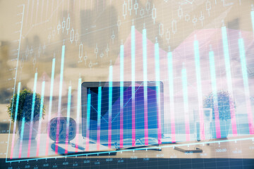 Aufkleber - Stock market graph on background with desk and personal computer. Multi exposure. Concept of financial analysis.