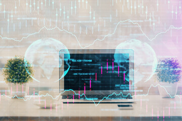 Aufkleber - Stock market graph on background with desk and personal computer. Multi exposure. Concept of financial analysis.