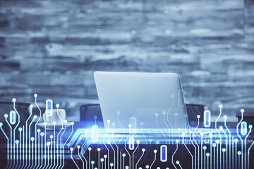 Aufkleber - Double exposure of desktop with computer on background and tech theme drawing. Concept of big data.