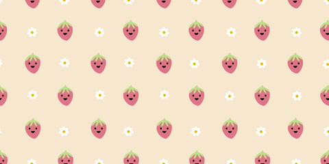 Sticker - Cute Strawberry and flower in pattern background design. Cute Strawberry character illustration for kids