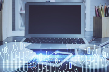 Poster - Double exposure of desktop with personal computer on background and tech theme drawing. Concept of data analysis.