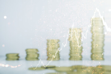 Poster - Double exposure of abstract creative financial chart hologram and world map on growing stacks of coins background, research and strategy concept